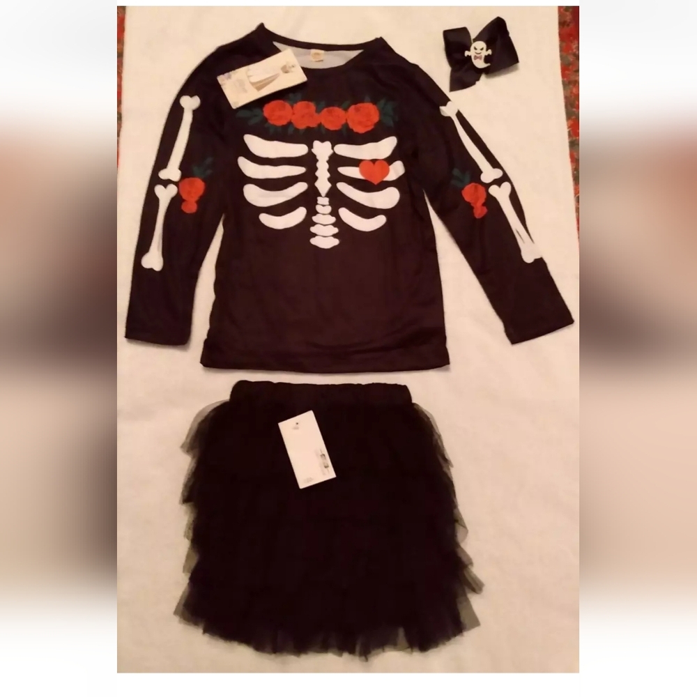 Kids Skeleton Costume with Red Floral Accents - Picture 1 of 8